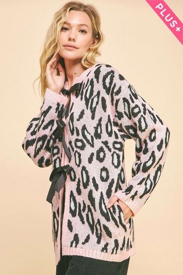 PLUS LEOPARD RIBBON TIE FRONT LOOSE FIT CARDIGAN
